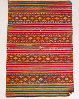 Vintage mini kilim rug in room decor setting, kilim, Turkish rug, vintage rug, portland, rug shop, bright colors, wild shaman, soft rug, bold color, Portland, Oregon, rug store, rug shop, local shop