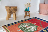Vintage mini kilim rug in room decor setting, kilim, Turkish rug, vintage rug, portland, rug shop, bright colors, wild shaman, soft rug, bold color, Portland, Oregon, rug store, rug shop, local shop