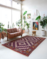 Vintage kilim rug in living room setting, bright colors, wild shaman, soft rug, bold color, Portland, Oregon, rug store, rug shop, local shop, vintage rug, modern kilim, warm colors