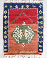 Vintage mini kilim rug in room decor setting, kilim, Turkish rug, vintage rug, portland, rug shop, bright colors, wild shaman, soft rug, bold color, Portland, Oregon, rug store, rug shop, local shop