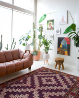 Vintage kilim rug in living room setting, bright colors, wild shaman, soft rug, bold color, Portland, Oregon, rug store, rug shop, local shop, vintage rug, modern kilim, warm colors