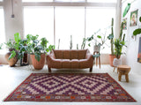 Vintage kilim rug in living room setting, bright colors, wild shaman, soft rug, bold color, Portland, Oregon, rug store, rug shop, local shop, vintage rug, modern kilim, warm colors