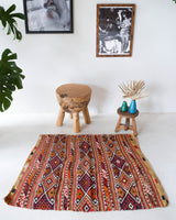 Vintage mini kilim rug in room decor setting, kilim, Turkish rug, vintage rug, portland, rug shop, bright colors, wild shaman, soft rug, bold color, Portland, Oregon, rug store, rug shop, local shop