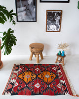 Vintage mini kilim rug in room decor setting, kilim, Turkish rug, vintage rug, portland, rug shop, bright colors, wild shaman, soft rug, bold color, Portland, Oregon, rug store, rug shop, local shop