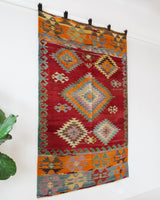 Vintage kilim rug in living room setting, bright colors, wild shaman, soft rug, bold color, Portland, Oregon, rug store, rug shop, local shop, vintage rug, modern kilim, warm colors