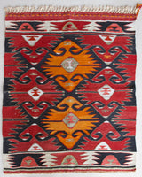 Vintage mini kilim rug in room decor setting, kilim, Turkish rug, vintage rug, portland, rug shop, bright colors, wild shaman, soft rug, bold color, Portland, Oregon, rug store, rug shop, local shop