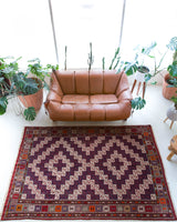 Vintage kilim rug in living room setting, bright colors, wild shaman, soft rug, bold color, Portland, Oregon, rug store, rug shop, local shop, vintage rug, modern kilim, warm colors