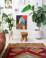 Vintage kilim rug in living room setting, bright colors, wild shaman, soft rug, bold color, Portland, Oregon, rug store, rug shop, local shop, vintage rug, modern kilim, warm colors