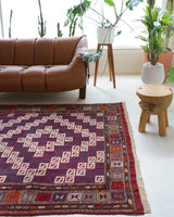Vintage kilim rug in living room setting, bright colors, wild shaman, soft rug, bold color, Portland, Oregon, rug store, rug shop, local shop, vintage rug, modern kilim, warm colors