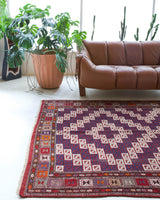 Vintage kilim rug in living room setting, bright colors, wild shaman, soft rug, bold color, Portland, Oregon, rug store, rug shop, local shop, vintage rug, modern kilim, warm colors