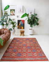 Vintage kilim rug in room decor setting, old rug, antique rug, pastel colors, faded colors, Turkish rug, vintage rug, soft rug, Portland, Oregon, rug store, rug shop, local shop, bold colors, bright colors, faded colors