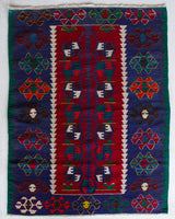 Vintage mini kilim rug in room decor setting, kilim, Turkish rug, vintage rug, portland, rug shop, bright colors, wild shaman, soft rug, bold color, Portland, Oregon, rug store, rug shop, local shop