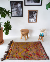 Vintage mini kilim rug in room decor setting, kilim, Turkish rug, vintage rug, portland, rug shop, bright colors, wild shaman, soft rug, bold color, Portland, Oregon, rug store, rug shop, local shop