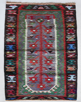 Vintage mini kilim rug in room decor setting, kilim, Turkish rug, vintage rug, portland, rug shop, bright colors, wild shaman, soft rug, bold color, Portland, Oregon, rug store, rug shop, local shop
