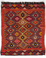 Vintage mini kilim rug in room decor setting, kilim, Turkish rug, vintage rug, portland, rug shop, bright colors, wild shaman, soft rug, bold color, Portland, Oregon, rug store, rug shop, local shop