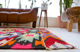 Vintage kilim rug in living room setting, bright colors, wild shaman, soft rug, bold color, Portland, Oregon, rug store, rug shop, local shop, vintage rug, modern kilim, warm colors