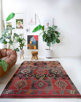 Vintage kilim rug in living room setting, bright colors, wild shaman, soft rug, bold color, Portland, Oregon, rug store, rug shop, local shop, vintage rug, modern kilim, warm colors