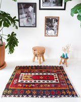 Vintage mini kilim rug in room decor setting, kilim, Turkish rug, vintage rug, portland, rug shop, bright colors, wild shaman, soft rug, bold color, Portland, Oregon, rug store, rug shop, local shop