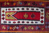 Vintage mini kilim rug in room decor setting, kilim, Turkish rug, vintage rug, portland, rug shop, bright colors, wild shaman, soft rug, bold color, Portland, Oregon, rug store, rug shop, local shop