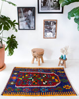 Vintage mini kilim rug in room decor setting, kilim, Turkish rug, vintage rug, portland, rug shop, bright colors, wild shaman, soft rug, bold color, Portland, Oregon, rug store, rug shop, local shop