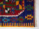 Vintage mini kilim rug in room decor setting, kilim, Turkish rug, vintage rug, portland, rug shop, bright colors, wild shaman, soft rug, bold color, Portland, Oregon, rug store, rug shop, local shop