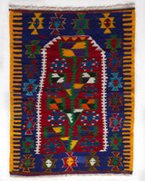 Vintage mini kilim rug in room decor setting, kilim, Turkish rug, vintage rug, portland, rug shop, bright colors, wild shaman, soft rug, bold color, Portland, Oregon, rug store, rug shop, local shop