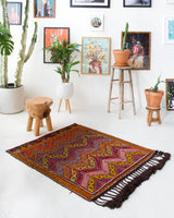 Vintage mini kilim rug in room decor setting, kilim, Turkish rug, vintage rug, portland, rug shop, bright colors, wild shaman, soft rug, bold color, Portland, Oregon, rug store, rug shop, local shop