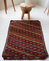 Vintage mini kilim rug in room decor setting, kilim, Turkish rug, vintage rug, portland, rug shop, bright colors, wild shaman, soft rug, bold color, Portland, Oregon, rug store, rug shop, local shop