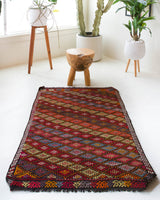 Vintage mini kilim rug in room decor setting, kilim, Turkish rug, vintage rug, portland, rug shop, bright colors, wild shaman, soft rug, bold color, Portland, Oregon, rug store, rug shop, local shop