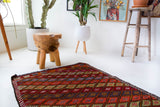 Vintage mini kilim rug in room decor setting, kilim, Turkish rug, vintage rug, portland, rug shop, bright colors, wild shaman, soft rug, bold color, Portland, Oregon, rug store, rug shop, local shop