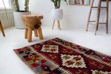 Vintage mini kilim rug in room decor setting, kilim, Turkish rug, vintage rug, portland, rug shop, bright colors, wild shaman, soft rug, bold color, Portland, Oregon, rug store, rug shop, local shop