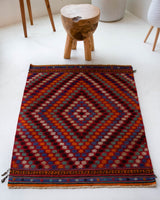 Vintage mini kilim rug in room decor setting, kilim, Turkish rug, vintage rug, portland, rug shop, bright colors, wild shaman, soft rug, bold color, Portland, Oregon, rug store, rug shop, local shop