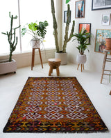 Vintage kilim rug in living room setting, bright colors, wild shaman, soft rug, bold color, Portland, Oregon, rug store, rug shop, local shop, vintage rug, modern kilim, warm colors