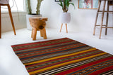 Vintage mini kilim rug in room decor setting, kilim, Turkish rug, vintage rug, portland, rug shop, bright colors, wild shaman, soft rug, bold color, Portland, Oregon, rug store, rug shop, local shop