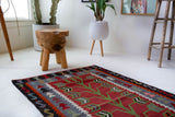Vintage mini kilim rug in room decor setting, kilim, Turkish rug, vintage rug, portland, rug shop, bright colors, wild shaman, soft rug, bold color, Portland, Oregon, rug store, rug shop, local shop