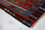 Vintage mini kilim rug in room decor setting, kilim, Turkish rug, vintage rug, portland, rug shop, bright colors, wild shaman, soft rug, bold color, Portland, Oregon, rug store, rug shop, local shop