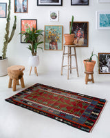 Vintage mini kilim rug in room decor setting, kilim, Turkish rug, vintage rug, portland, rug shop, bright colors, wild shaman, soft rug, bold color, Portland, Oregon, rug store, rug shop, local shop