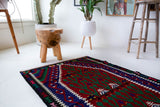 Vintage mini kilim rug in room decor setting, kilim, Turkish rug, vintage rug, portland, rug shop, bright colors, wild shaman, soft rug, bold color, Portland, Oregon, rug store, rug shop, local shop