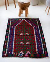 Vintage mini kilim rug in room decor setting, kilim, Turkish rug, vintage rug, portland, rug shop, bright colors, wild shaman, soft rug, bold color, Portland, Oregon, rug store, rug shop, local shop