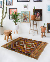 Vintage mini kilim rug in room decor setting, kilim, Turkish rug, vintage rug, portland, rug shop, bright colors, wild shaman, soft rug, bold color, Portland, Oregon, rug store, rug shop, local shop
