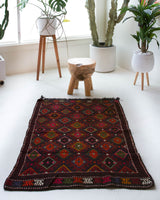 Vintage mini kilim rug in room decor setting, kilim, Turkish rug, vintage rug, portland, rug shop, bright colors, wild shaman, soft rug, bold color, Portland, Oregon, rug store, rug shop, local shop