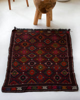 Vintage mini kilim rug in room decor setting, kilim, Turkish rug, vintage rug, portland, rug shop, bright colors, wild shaman, soft rug, bold color, Portland, Oregon, rug store, rug shop, local shop