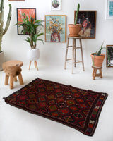 Vintage mini kilim rug in room decor setting, kilim, Turkish rug, vintage rug, portland, rug shop, bright colors, wild shaman, soft rug, bold color, Portland, Oregon, rug store, rug shop, local shop