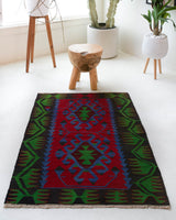 Vintage mini kilim rug in room decor setting, kilim, Turkish rug, vintage rug, portland, rug shop, bright colors, wild shaman, soft rug, bold color, Portland, Oregon, rug store, rug shop, local shop