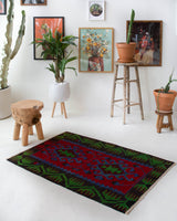 Vintage mini kilim rug in room decor setting, kilim, Turkish rug, vintage rug, portland, rug shop, bright colors, wild shaman, soft rug, bold color, Portland, Oregon, rug store, rug shop, local shop