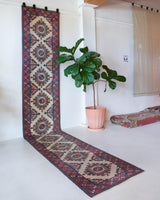 Vintage Turkish runner rug in living room setting, old rug, antique rug, pastel colors, faded colors, Turkish rug, vintage rug, soft rug, Portland, Oregon, rug store, rug shop, local shop