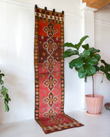 Vintage Turkish runner rug in a living room setting, pile rug, Turkish rug, vintage rug, portland, rug shop, bright colors, wild shaman, soft rug, bold color, Portland, Oregon, rug store, rug shop, local shop, antique rug