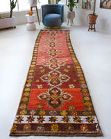 Vintage Turkish runner rug in a living room setting, pile rug, Turkish rug, vintage rug, portland, rug shop, bright colors, wild shaman, soft rug, bold color, Portland, Oregon, rug store, rug shop, local shop, antique rug