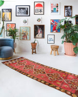 Vintage Turkish runner rug in a living room setting, pile rug, Turkish rug, vintage rug, portland, rug shop, bright colors, wild shaman, soft rug, bold color, Portland, Oregon, rug store, rug shop, local shop, antique rug
