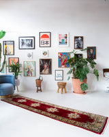 Vintage Turkish runner rug in a living room setting, pile rug, Turkish rug, vintage rug, portland, rug shop, bright colors, wild shaman, soft rug, bold color, Portland, Oregon, rug store, rug shop, local shop, antique rug